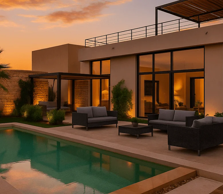 Modern luxury villa with private pool and outdoor lounge at sunset near Essaouira
