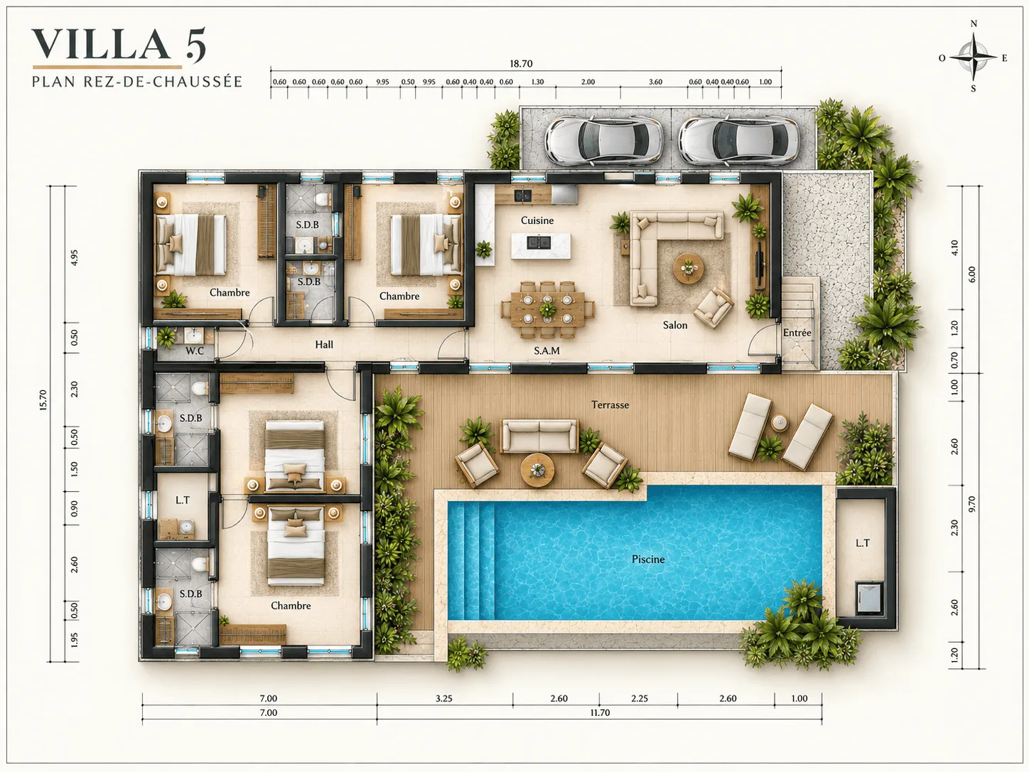 Plan architectural de la villa V5 à Ghazoua, implantée sur un terrain de 794 m² avec piscine privée à débordement et jardin paysager.